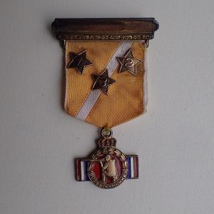 Dugleiksmerket i gull med 3 stjerner. (BRØDR. LOHNE BERGEN 925 S).