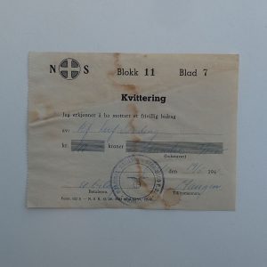 NS Kvittering for mottatt kr. 100,- et frivillig bidrag.