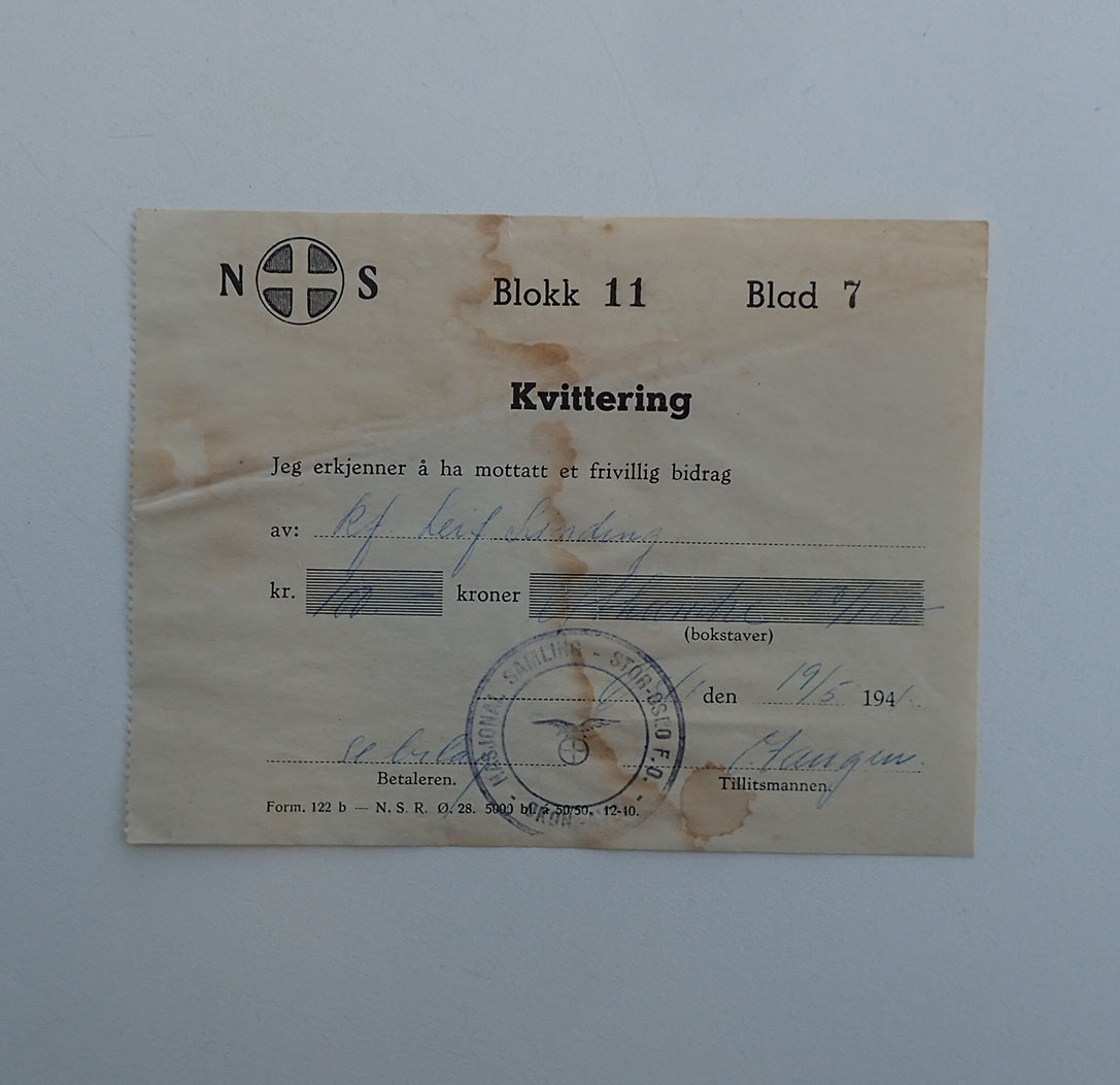 NS Kvittering for mottatt kr. 100,- et frivillig bidrag.