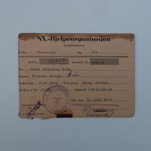 NS.-Hjelpeorganisasjon. Landsledelsen MEDLEMSKORT. (1942).