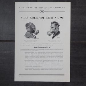 AUER-KOLLOIDFILTER NR. 91 brosjyre. (Bestilling av gassmaskefilter til Norge). 1935.