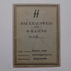 SS DAUERAUSWEIS FÜR SS-KASINO Nr. 300. Oslo. (Einsatzstab - SS-Einsatzkommando Norwegen).