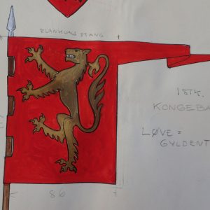 Akvarell. TUNSBERG 1100 ÅR. HÅKON HÅKONSSONs VÅPEN + KONGEBANNER.