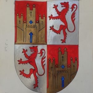 Akvarell. TUNSBERG 1100 ÅR. ALFONSO X AV CASTILLIAs VÅPEN.