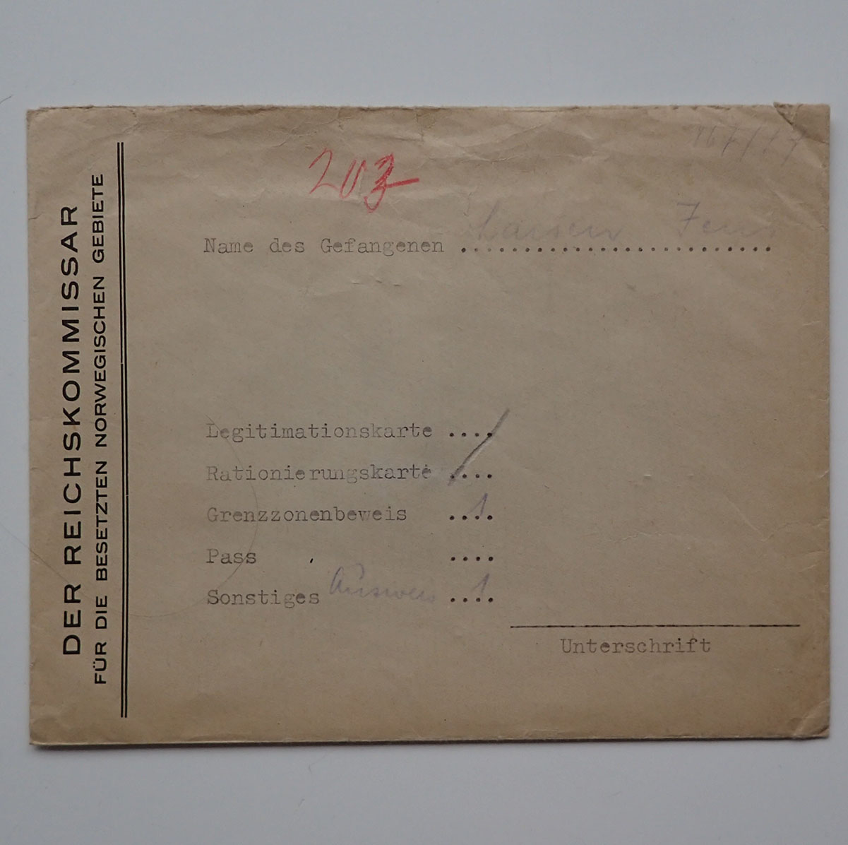 DER REICHSKOMMISSAR FÜR DIE BESETZTEN NORWEGISCHEN GEBIETE Grini-fange konvolutt til Jens Larsen. (1944).